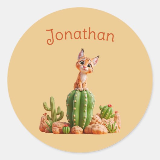 Schattigee Bobcat op cactus Ronde Sticker (Voorkant)