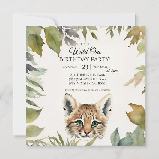 Schattigee Bobcat Wild One 1st Birthday Party Kaart (Voorkant)