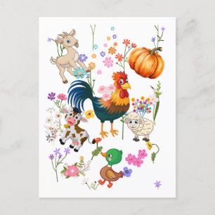 Schattigee boerderijdieren en bloemen feestdagenkaart