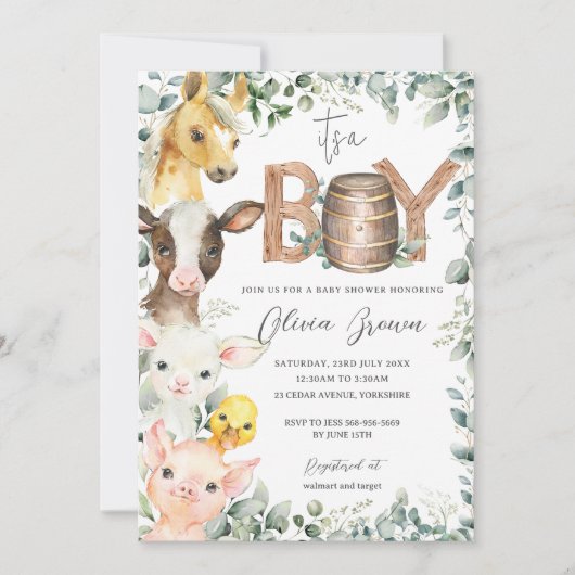 Schattigee Boerderijdieren Groen Jongensschuur Bab Kaart (Voorkant)