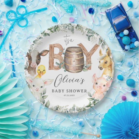 Schattigee Boerderijdieren Groen Jongensschuur Bab Papieren Bordje (Feest)