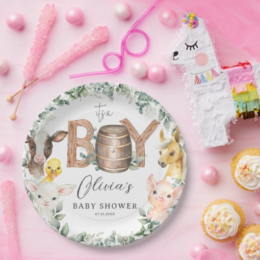 Schattigee Boerderijdieren Groen Jongensschuur Bab Papieren Bordje (Feest)