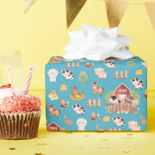 Schattigee boerderijdieren op Aqua Blue Cadeaupapier