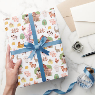 Schattigee boerderijdieren op wit cadeaupapier