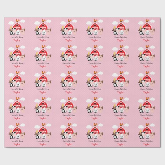 Schattigee boerderijdieren (roze) Verjaardag geper Cadeaupapier (Vlak)