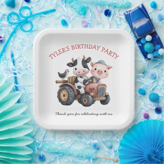 Schattigee Boerderijdieren Varken Koe Verjaardagsf Papieren Bordje (Feest)