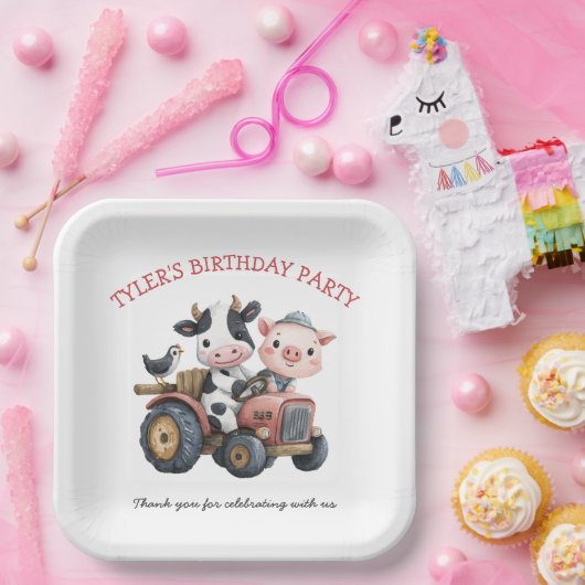 Schattigee Boerderijdieren Varken Koe Verjaardagsf Papieren Bordje (Feest)