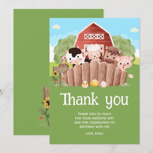 Schattigee boerderijdieren Verjaardag Bedankkaart (Voorkant / Achterkant)