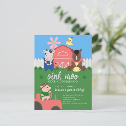 Schattigee Boerderijdieren Verjaardagsfeestuitnodi Briefkaart (Staand voorkant)