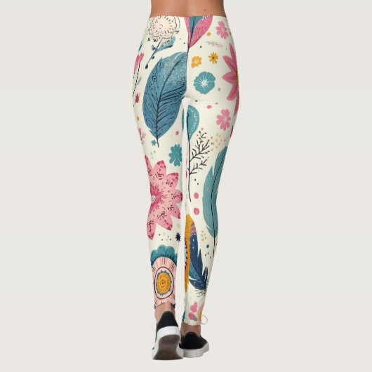 Schattigee Boheemse Bloemen Veren Print Leggings (Achterkant)