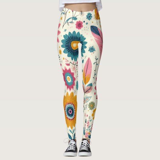 Schattigee Boheemse Bloemen Veren Print Leggings (Voorkant)
