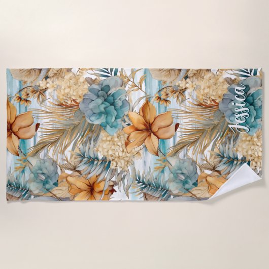 Schattigee Boho Beach Botanicals Blauwe Perzik Blo Strandlaken (Voorkant)