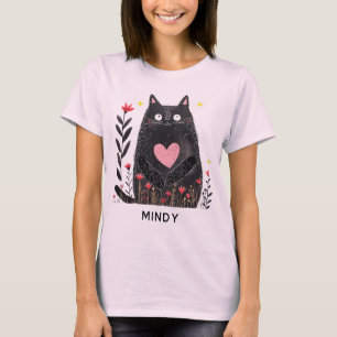 Schattigee Boho Bloemen Waterverf Zwarte Kat Geper T-shirt