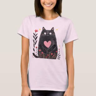 Schattigee Boho Bloemen Waterverf Zwarte Kat Kunst T-shirt