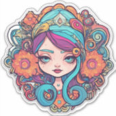Schattigee Boho Bloemenmeisje Custom-Cut Vinyl Sti Sticker (Voorkant)