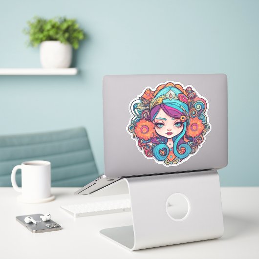 Schattigee Boho Bloemenmeisje Custom-Cut Vinyl Sti Sticker (Laptop op bureau)