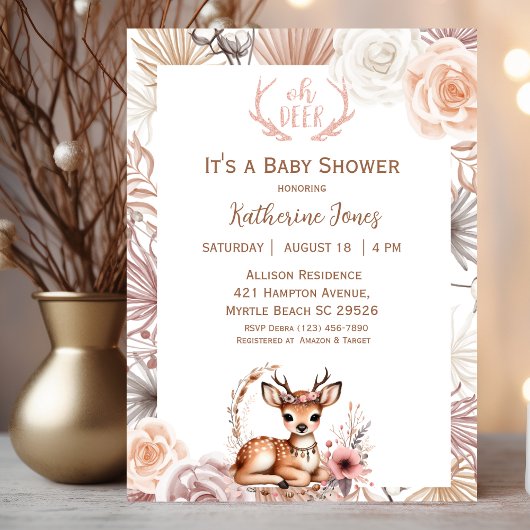 Schattigee Boho Deer Baby shower Uitnodiging