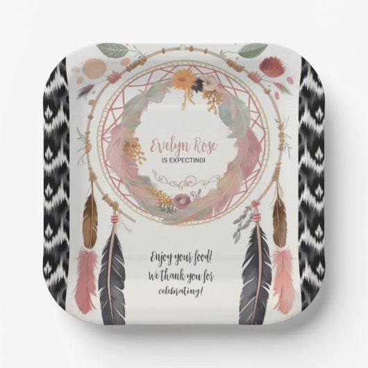 Schattigee Boho Dreamcatcher Baby shower Party Papieren Bordje (Voorkant)