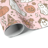 Schattigee Boho Halloween Ghosts Pompoenen Roze Bl Cadeaupapier (Rol Hoek)