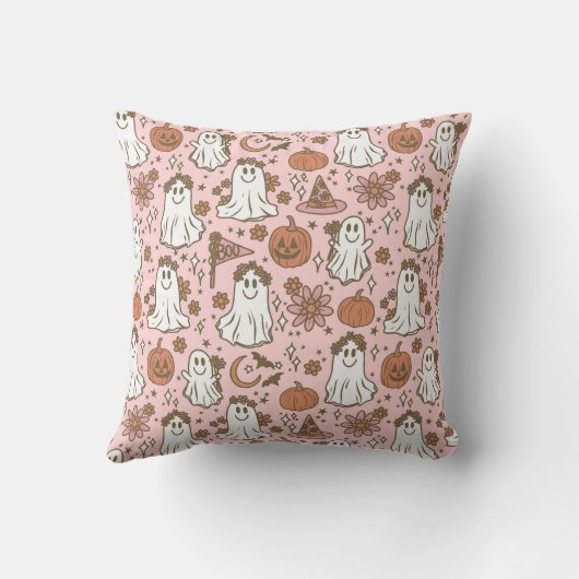 Schattigee Boho Halloween Ghosts Pompoenen Roze Bl Kussen (Achterkant)