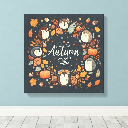Schattigee Boho Herfst Hedgehog krans Wall Decal Canvas Afdruk (Insitu (Houten vloer))
