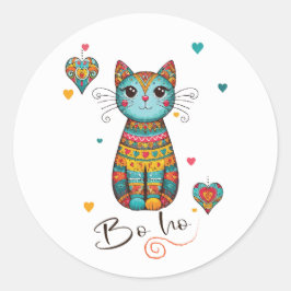 Schattigee Boho Kleurrijke Bloemenkat Ronde Sticker