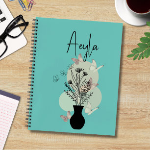 Schattigee Boho Line Art Bloemen en Vlinders Blauw Notitieboek