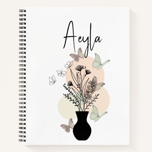 Schattigee Boho Line Art Bloemen en Vlinders Wit Notitieboek (Voorkant)