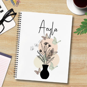 Schattigee Boho Line Art Bloemen en Vlinders Wit Notitieboek