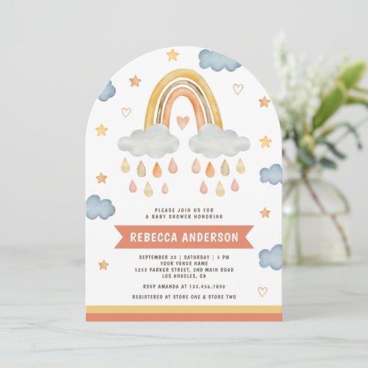 Schattigee Boho Rainbow Raindrops Arch Baby shower Kaart (Staand voorkant)