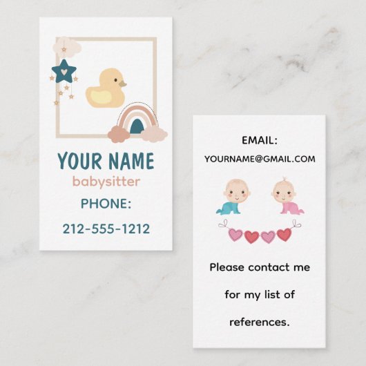 Schattigee Boho Rainbow Rubber Duckie Babysitter Visitekaartje (Voorkant / Achterkant)