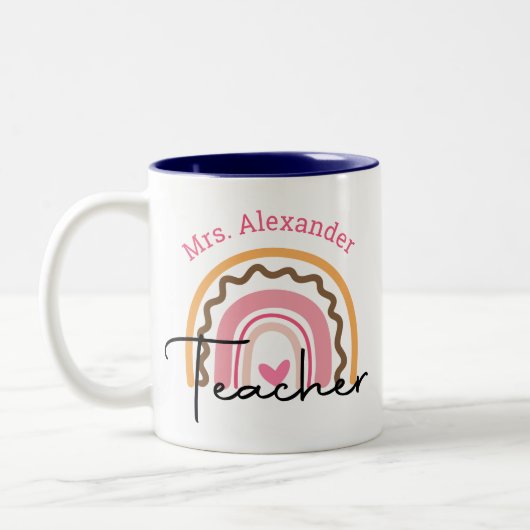 Schattigee Boho Rainbow Teacher Appreciation Monog Tweekleurige Koffiemok (Links)