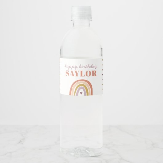 Schattigee Boho Regenboogperzik Verjaardag Waterfles Etiket (Voorkant)