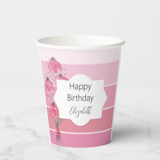 Schattigee Boho Roze Waterverf Bloemen Papieren Bekers (Achterkant)