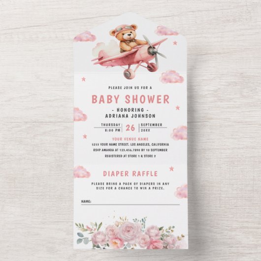 Schattigee Boho Teddy Bear Roze Vliegtuig Baby sho All In One Uitnodiging (Binnen)