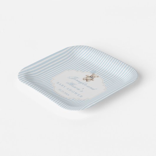 Schattigee boho teddybeer blauwe ballon baby boy d papieren bordje (Gebogen)