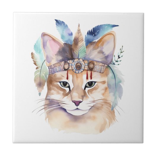 Schattigee boho waterverf hippie cat design tegeltje (Voorkant)