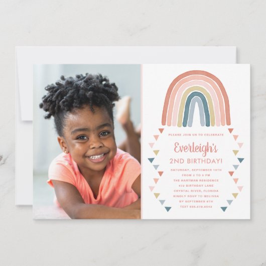 Schattigee Boho Waterverf Regenboog Foto Verjaarda Kaart (Voorkant)