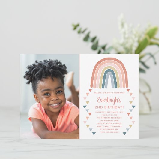 Schattigee Boho Waterverf Regenboog Foto Verjaarda Kaart (Staand voorkant)