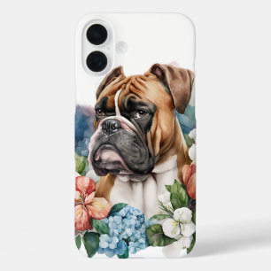 SCHATTIGEE BOKSER PUPPY HOND IN WILDE BLOEMEN iPhone 16 PLUS HOESJE