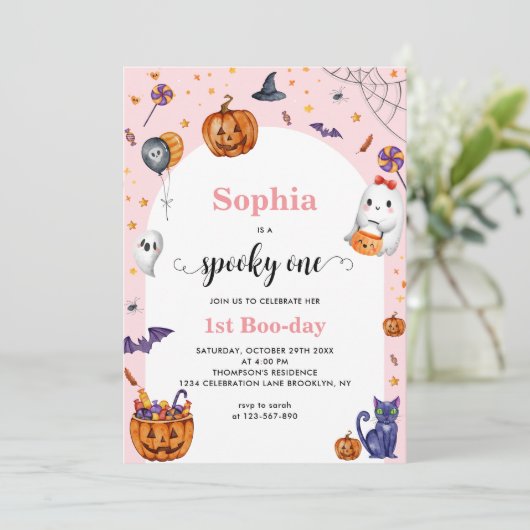 Schattigee boog roze spooky een 1e Halloween Verja Kaart (Staand voorkant)
