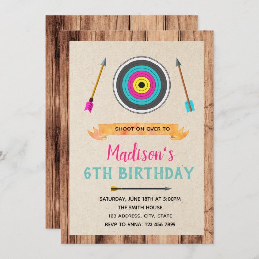 Schattigee boogschieten thema meisje uitnodiging (Voorkant / Achterkant)
