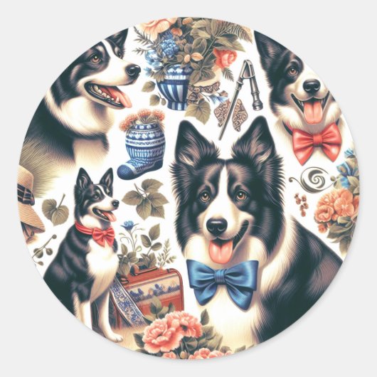 Schattigee Border Collie Illustratie Ronde Sticker (Voorkant)