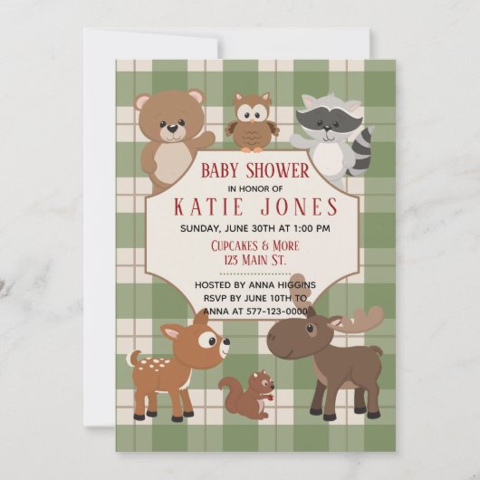 Schattigee Bos Dieren Green Plaid Baby shower Uitn Kaart (Voorkant)