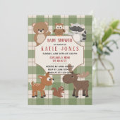 Schattigee Bos Dieren Green Plaid Baby shower Uitn Kaart (Staand voorkant)