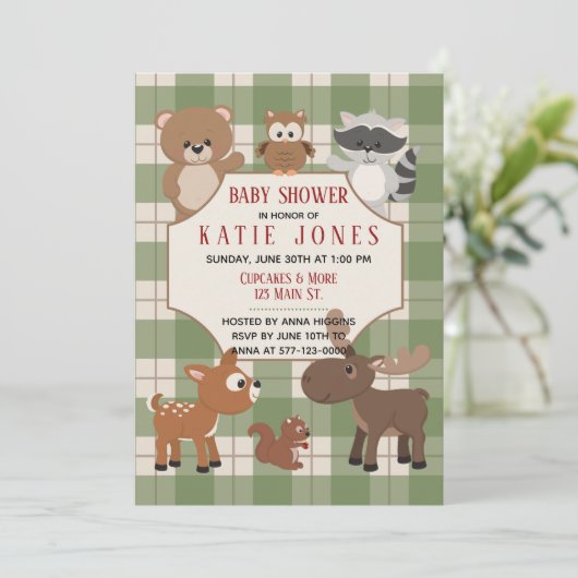 Schattigee Bos Dieren Green Plaid Baby shower Uitn Kaart (Staand voorkant)