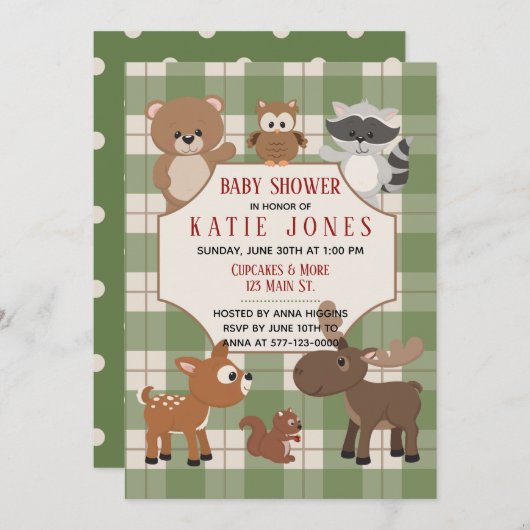 Schattigee Bos Dieren Green Plaid Baby shower Uitn Kaart (Voorkant / Achterkant)