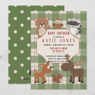 Schattigee Bos Dieren Green Plaid Baby shower Uitn Kaart
