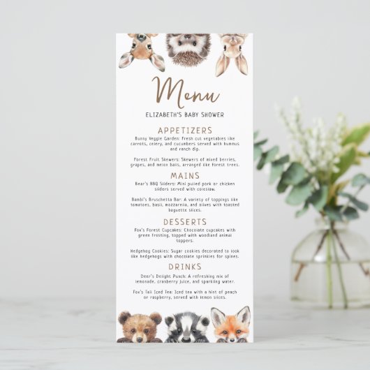 Schattigee Bos Vrienden Woodland Dieren Baby showe Menu (Staand voorkant)