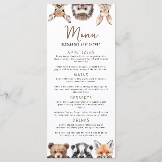Schattigee Bos Vrienden Woodland Dieren Baby showe Menu (Voorkant)